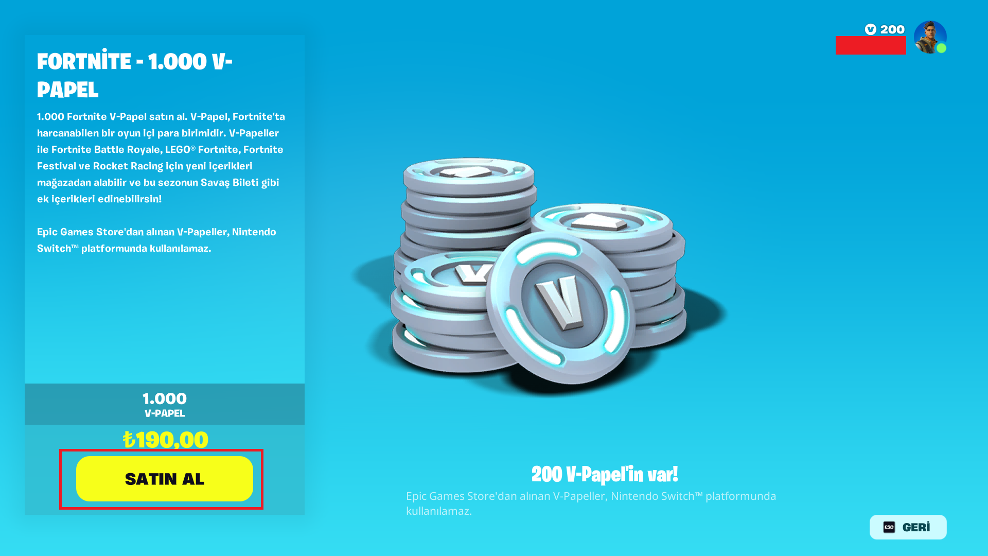 Fortnite V-Papel Satın Alma